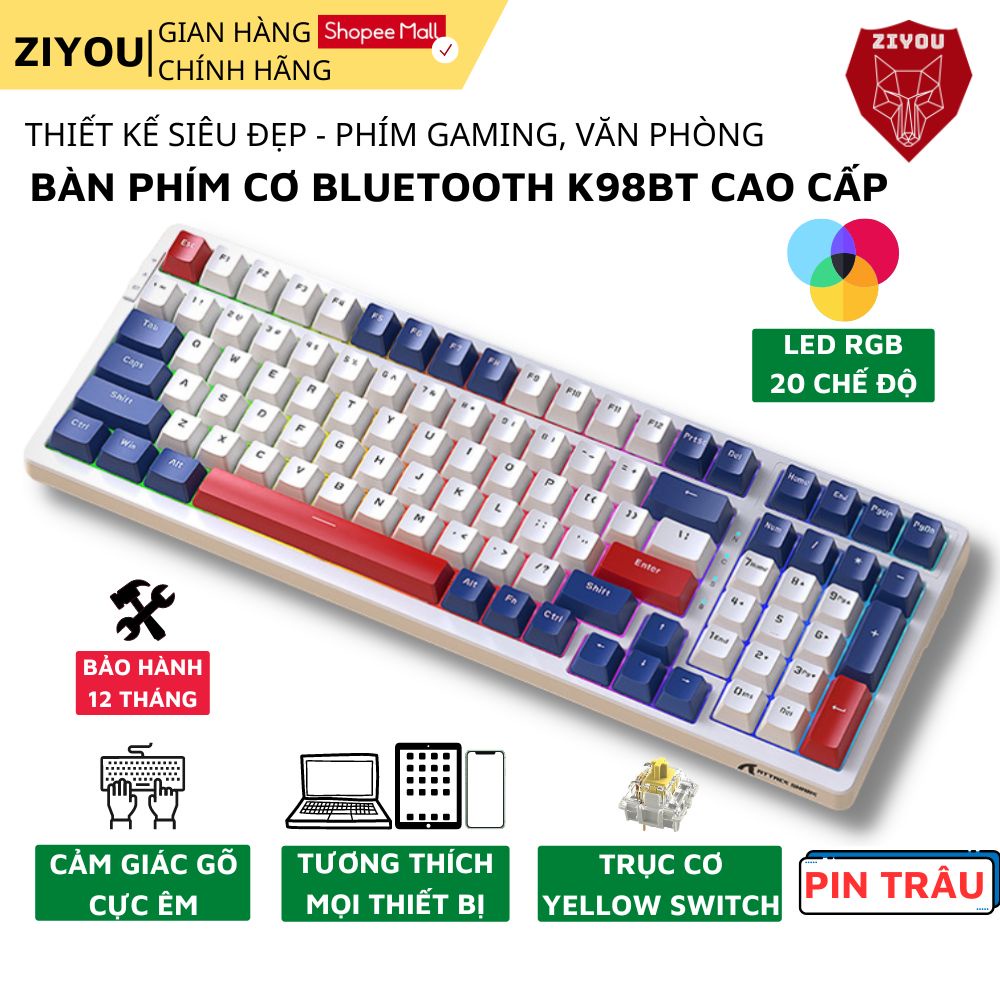 Bàn phím cơ không dây bluetooth FULL SIZE Hotswap Ziyou K98BT VIP LED RGB Cao Cấp