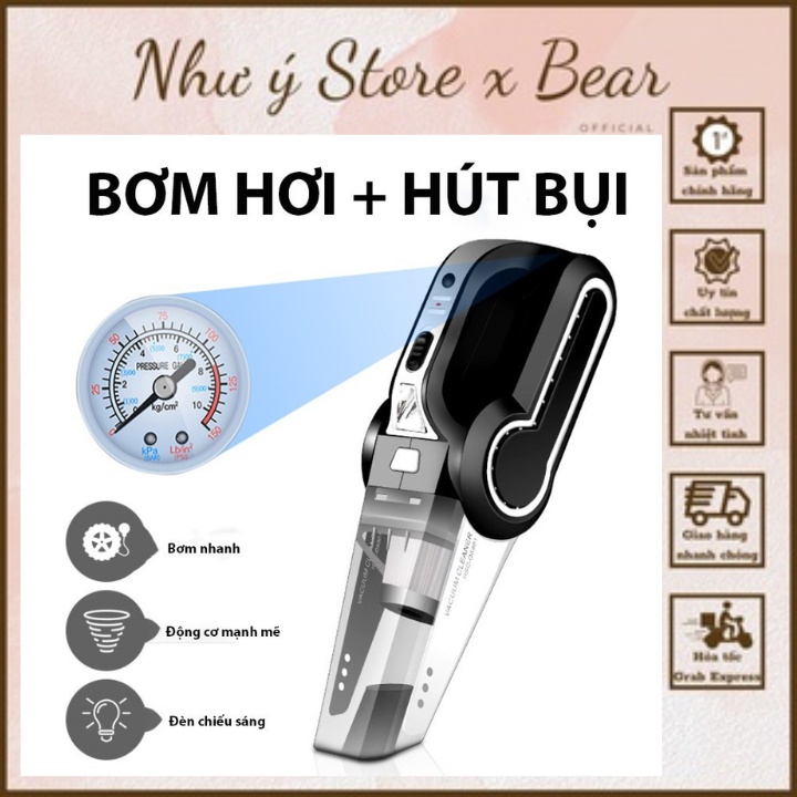 Máy Hút Bụi Ô Tô- Máy Bơm Lốp Ô Tô Đa Năng 4 Trong 1- Hút Bụi, Bơm Lốp, Đo Áp Suất Lốp, Đèn Pin Chiếu Sáng.