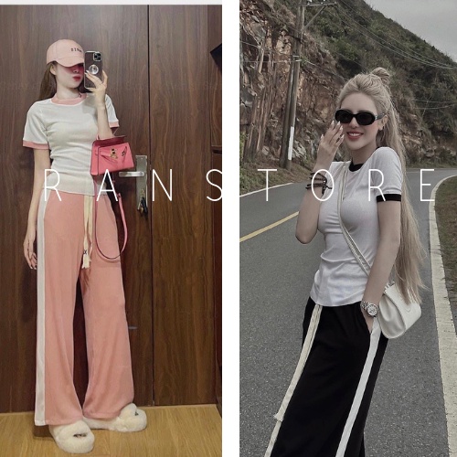 Set áo croptop body viền phối với quần dài cạp cao kẻ sọc /Set đồ nữ 2 màu đen hồng basic năng động ranstore