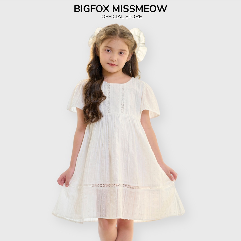 Váy hè bé gái Bigfox Miss Meow size đại, đầm cộc tay màu trắng vải thô boil Hàn phối ren kiểu công chúa 3,7,11 tuổi 30kg