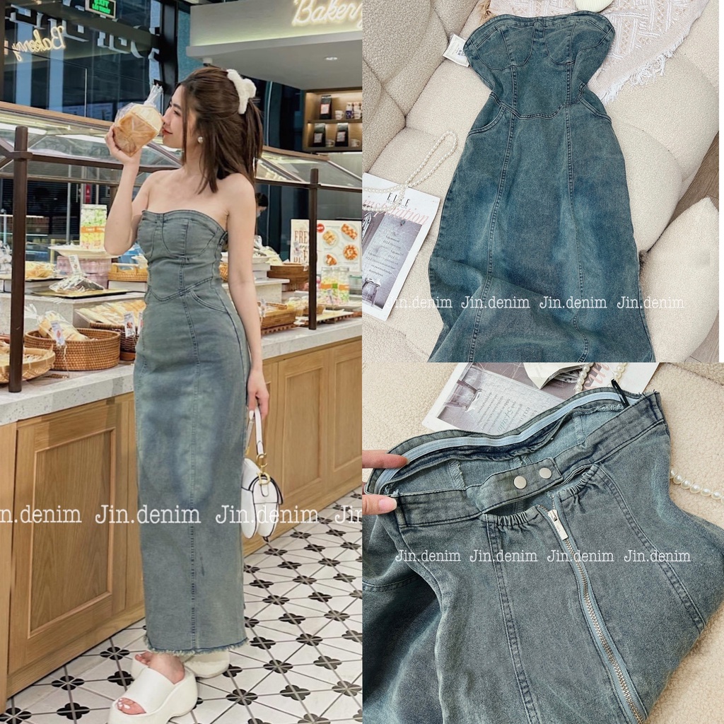 Váy đầm jean bò denim quây cúp ngực dáng dài bó body sexy, quyến rũ cao cấp 007