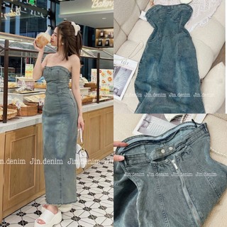 Váy đầm jean bò denim quây cúp ngực dáng dài bó body sexy, quyến rũ cao cấp 007
