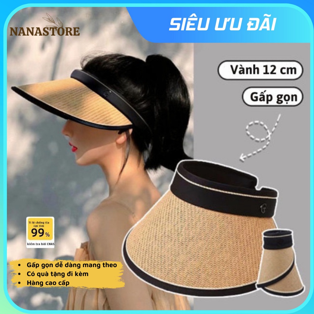 (TẶNG KÈM DÂY ĐEO MŨ XINH XẮN) Mũ cói nửa đầu Vinyl chống nắng chống tia UV, nón cói chống năng vành rộng Gấp Gọn 2023