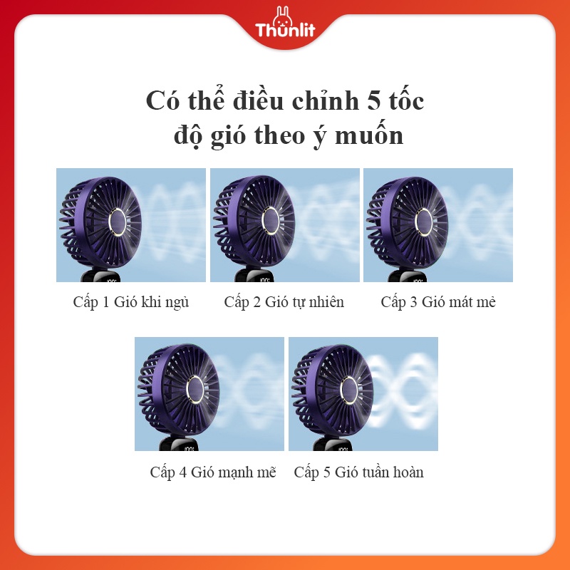 Quạt sạc THUNLIT 3000mah thiết kế di động cầm tay gấp và để bàn với màn hình LED