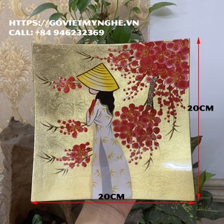 [HCM] Quà tặng tranh sơn mài treo vẽ hình cô gái áo dài Việt Nam - Vuông 20cm x 20cm - Sơn mài mỹ nghệ