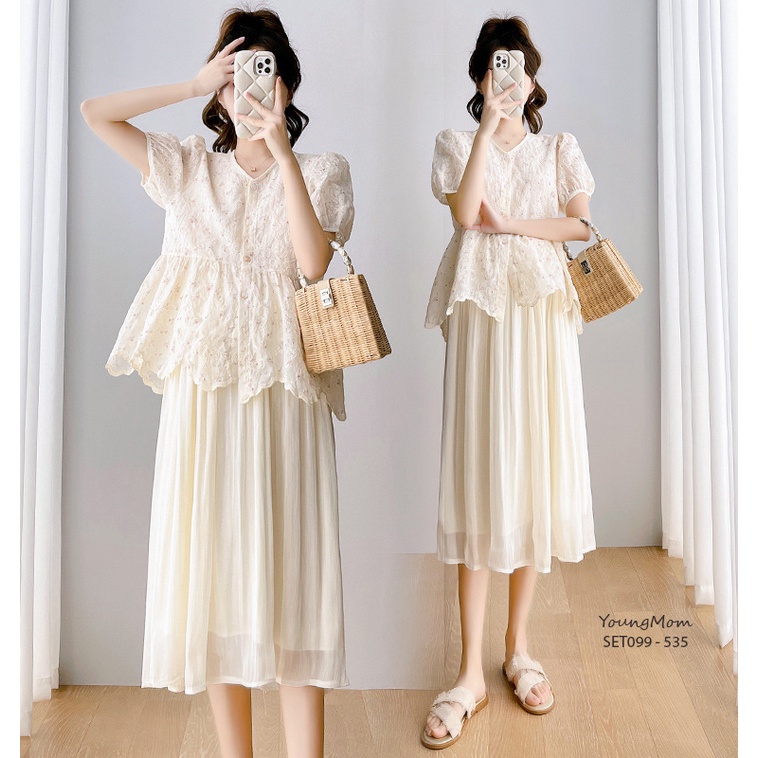 Young Mom | Set váy bầu SET099 gồm áo và chân váy bầu mềm, mát mẻ dành cho mùa Hè, trẻ trung hàng nhập Quảng Châu