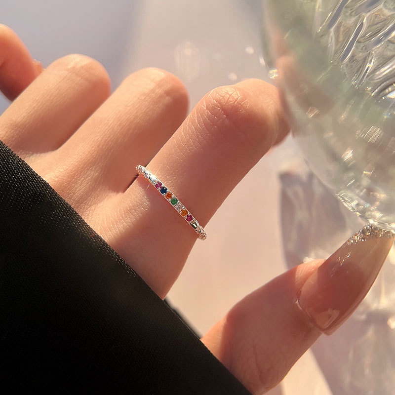 Nhẫn bạc nhẫn nữ bạc s925 nhẫn nhám trắng đinh đá sắc màu cầu vồng phong cách Hàn Quốc Cá jewelry NB210