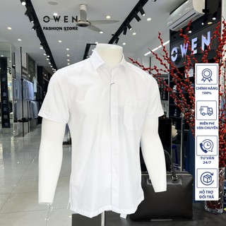 Áo sơ mi trắng Owen cộc tay dáng BODYFIT (vạt bằng) sợi Recycle AB221642NT