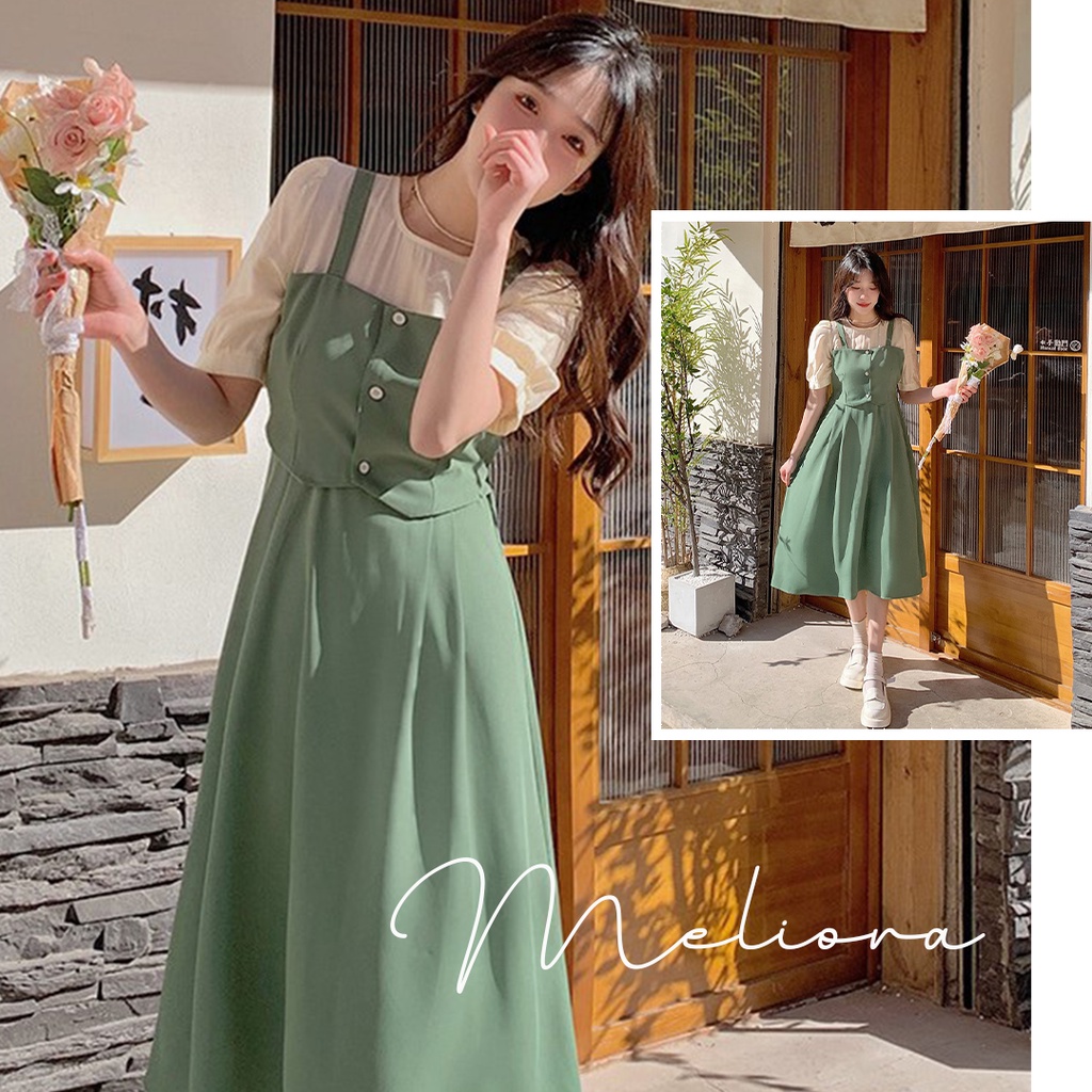 Đầm liền yếm cổ tròn 2màu ngắn tay xinh xắn phong cách ulzang ngọt ngào