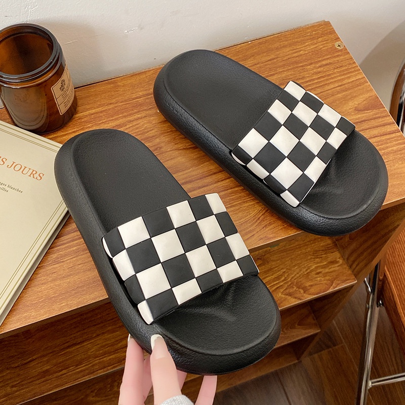 Dép quai ngang SENLIYA đế dày họa tiết caro trắng đen thời trang mùa hè cho nam và nữ