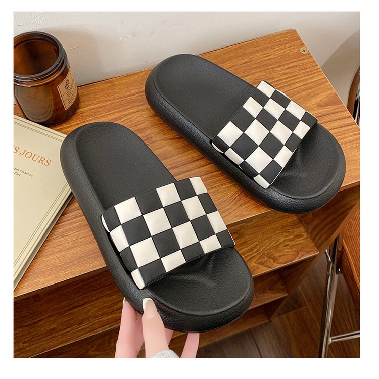 Dép quai ngang SENLIYA đế dày họa tiết caro trắng đen thời trang mùa hè cho nam và nữ