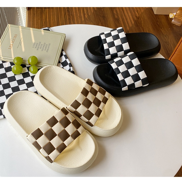 Dép quai ngang SENLIYA đế dày họa tiết caro trắng đen thời trang mùa hè cho nam và nữ