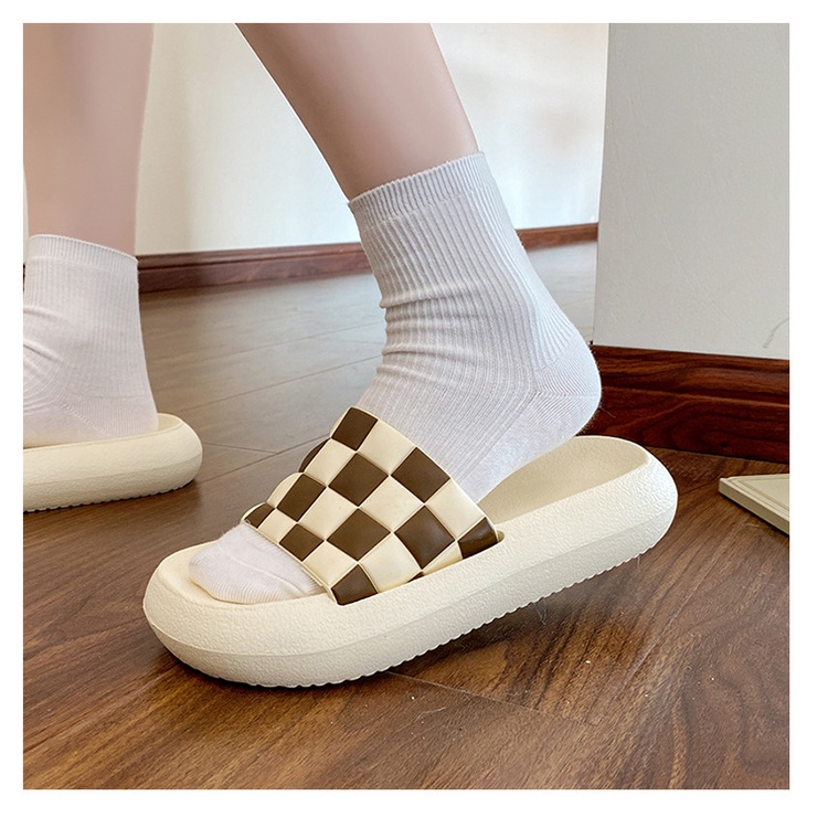 Dép quai ngang SENLIYA đế dày họa tiết caro trắng đen thời trang mùa hè cho nam và nữ