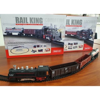 Đồ chơi tàu hỏa 4 toa rail king chạy pin gồm 1 toa kéo,2 toa chở hàng,1 toa chở oil đường ray to đẹp, dễ lắp