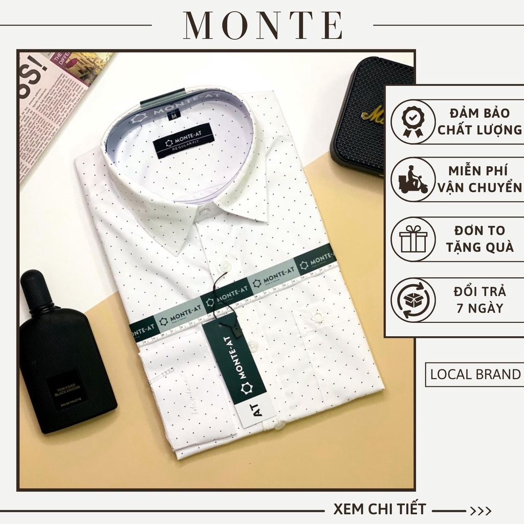 Áo sơ mi nam công sở MONTE, sơ mi dài tay chất cotton họa tiết chấm bi trẻ trung năng động lịch sự