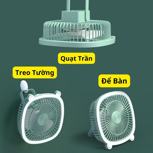 Quạt Tích Điện Treo Tường Mini 3in1, Quạt Cầm Tay Sạc Điện Có Đèn Dung Lượng Pin 1300mAh