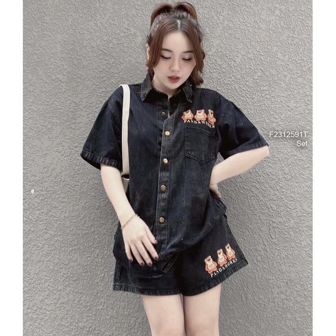 Set jean áo sơ mi hình gấu một túi kèm quần ngắn