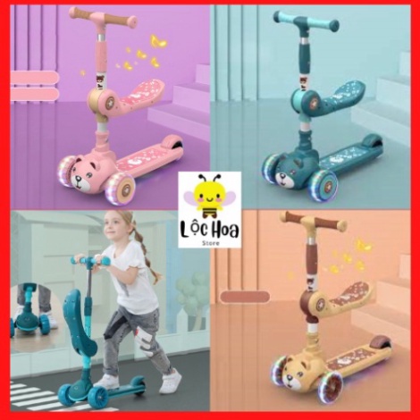 TRƯỢT SCOTTER KIÊM XE CHÒI CHÂN PHÁT NHẠC CÓ GHẾ NGỒI CHO BÉ.