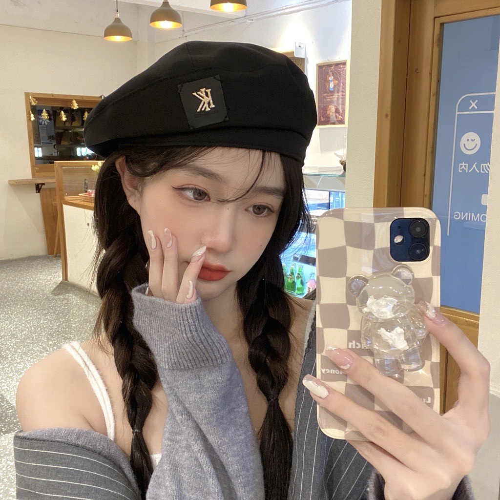 Mũ Beret cho nữ có khóa kim loại chữ cái KK phong cách Hàn Quốc