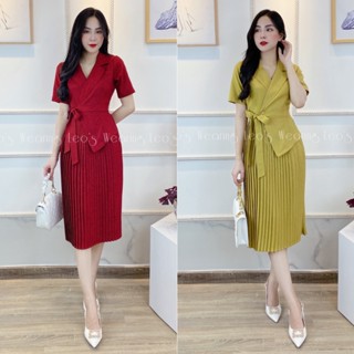 Đầm xếp li cổ vest kèm dây buộc nơ LEOSWEARING A201 A202