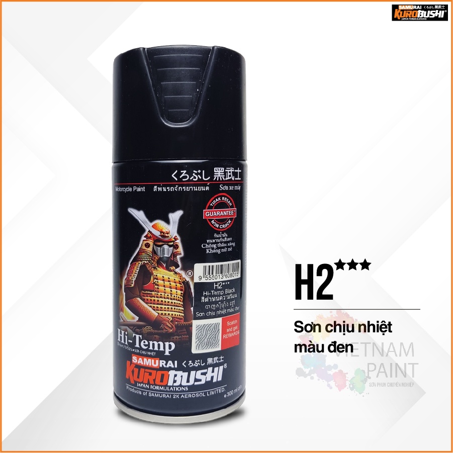 Sơn xịt Samurai Kurobushi - SƠN CHỊU NHIỆT màu đen H2 (300ml) chuyên dùng cho xe máy