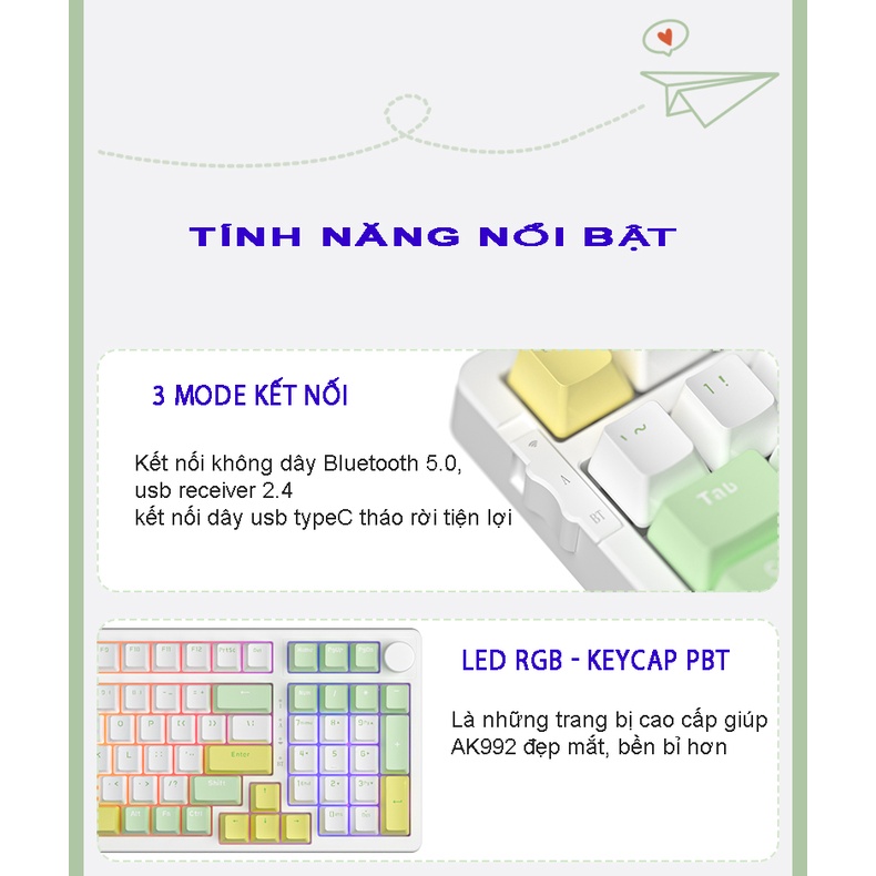 Bàn Phím Cơ  AJAZZ AK992 không dây Hotswap led RGB núm xoay