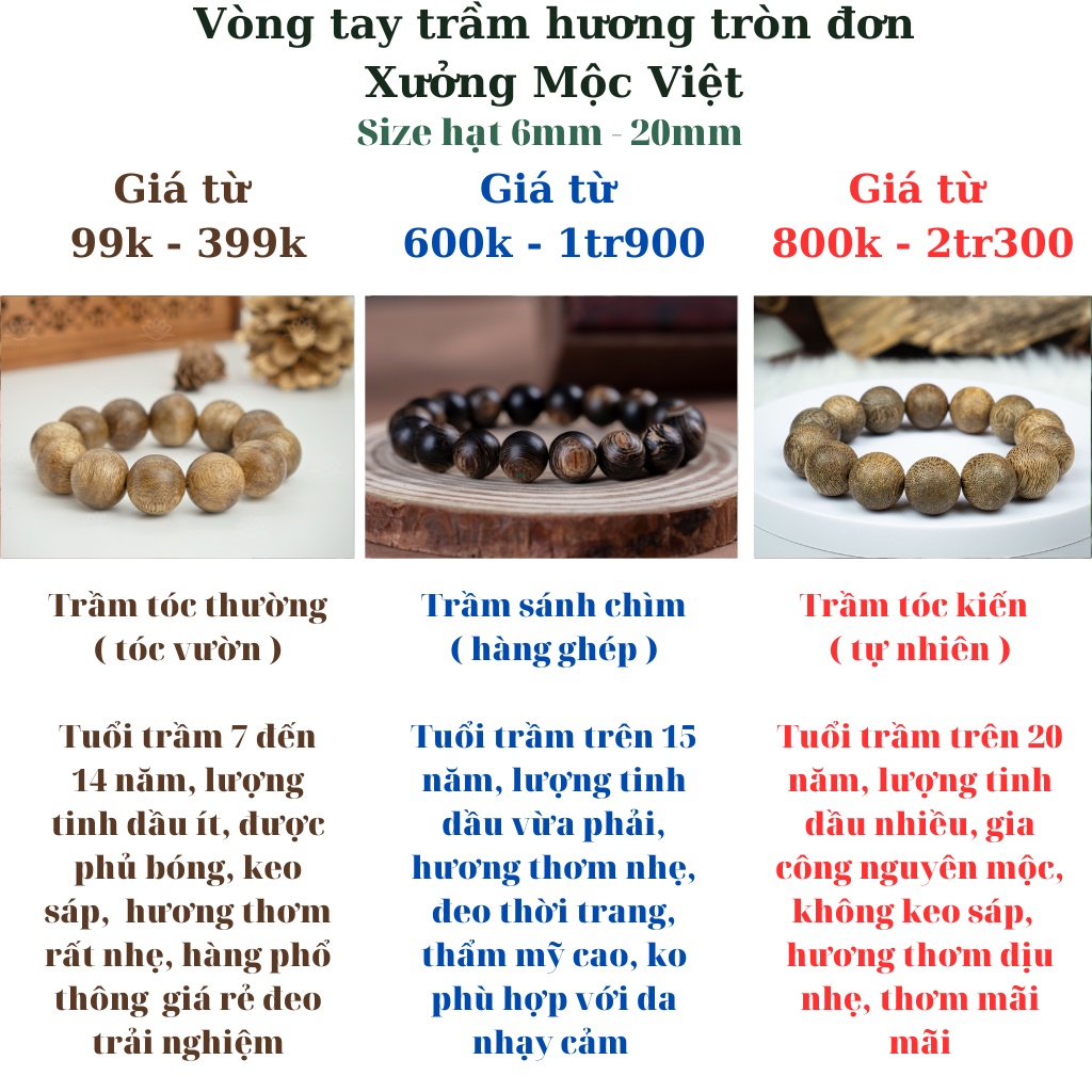 Vòng Tay Trầm Hương Tròn Đơn Xưởng Mộc Việt - Trầm Tóc Thường Size 8 - 20mm Dành Cho Nam Nữ Mang Lại May Mắn Bình An