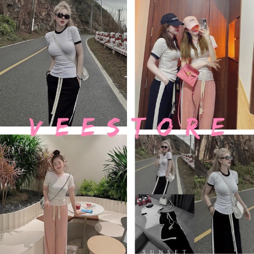 Set áo croptop viền quần suông sọc dây rút bản to, bộ đồ nữ quần ống rộng mix áo thun body style Hàn Quốc VEESTORE