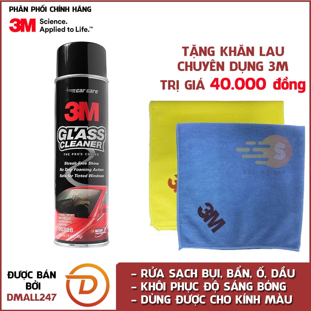 Dung dịch rửa kính ô tô 3M 08888 tặng khăn lau ô tô chuyên dụng 3M màu ngẫu nhiên