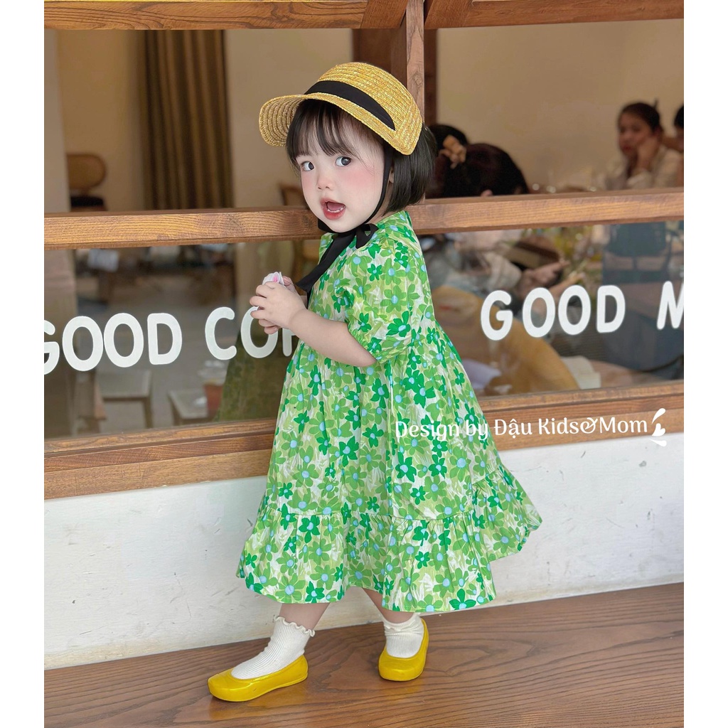 Váy thô hoa xanh lá tay bồng cho bé gái - Đậu Kids&Mom