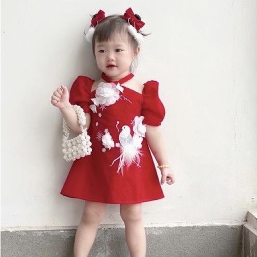 Váy nhung đỏ bé gái cổ yếm thêu chim gắn hoa nổi , đầm bé gái 5-35kg Holababy V119