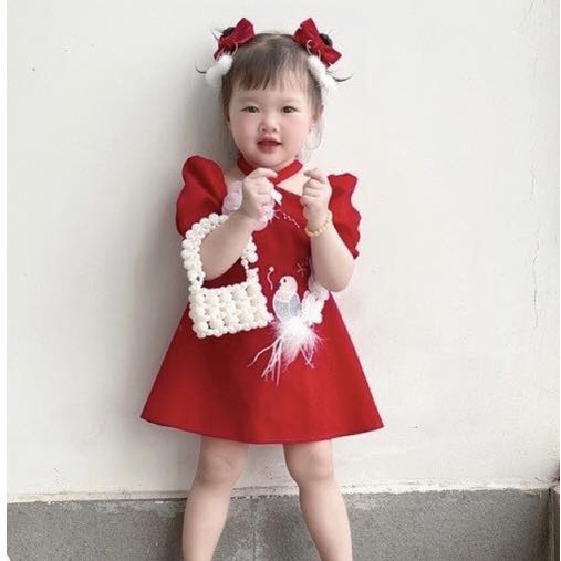 Váy nhung đỏ bé gái cổ yếm thêu chim gắn hoa nổi , đầm bé gái 5-35kg Holababy V119