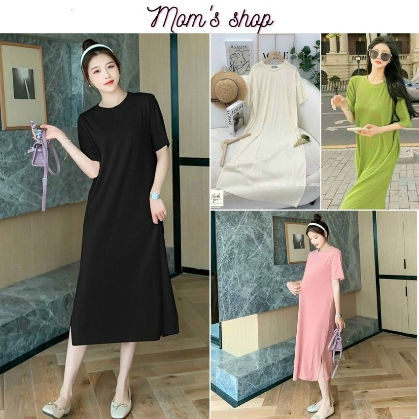 Đầm bầu cổ tròn chất tăm co giãn tốt - Mom's Shop - Váy nữ dáng suông nhiều màu xẻ chân váy form rộng dưới 70kg