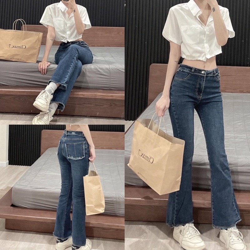 Quần jeans loe tua kiểu mới lưng cao co giãn