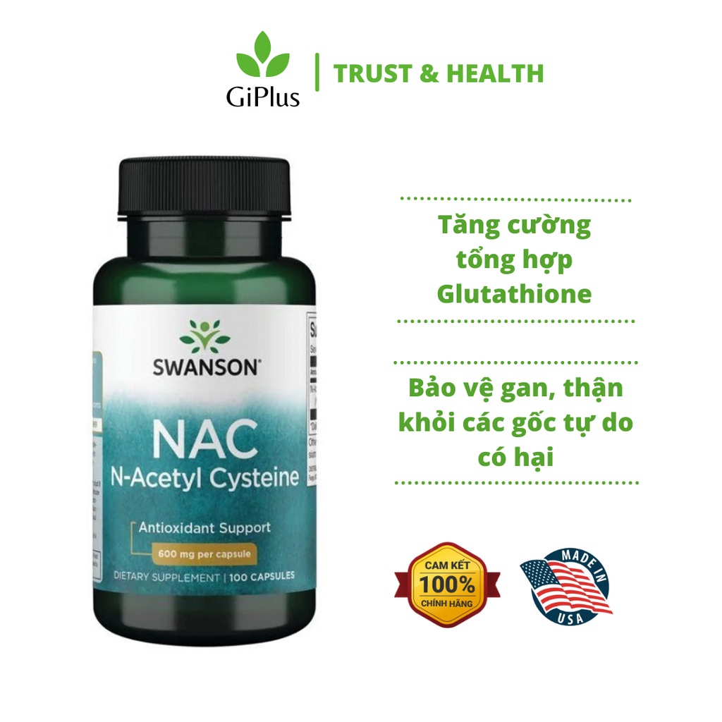 Viên Uống Swanson NAC N- Acetyl Cysteine Hỗ Trợ Sức Khỏe Gan, Chống Oxy Hóa, Ổn Định Huyết Áp (100 Viên/Lọ)
