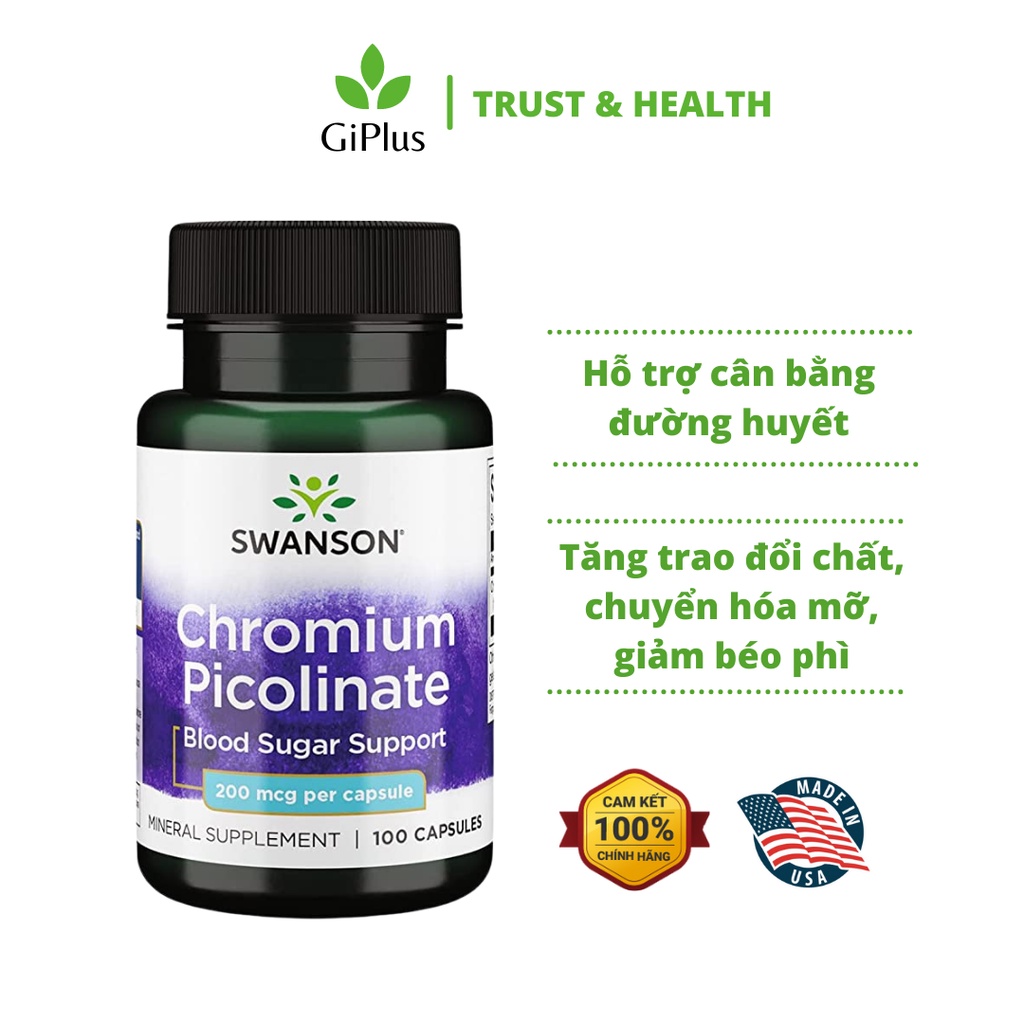 Viên Uống Swanson Chromium Picolinate 200mcg Hỗ Trợ Cân Bằng Đường Huyết (100 Viên/Lọ)