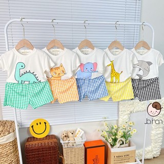Đồ Bộ Cộc Tay Bé Trai, Bé Gái Minky Mom Vải Thun Lạnh Họa Tiết Voi Xanh Quần Kẻ, Bộ Quần Áo Cho Bé Mặc Nhà MKM313