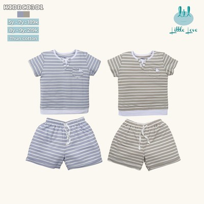 Bộ quần áo cộc tay kid kẻ phối cổ tam giác cho trẻ từ 5y đến 9y little love (KIDBC03)