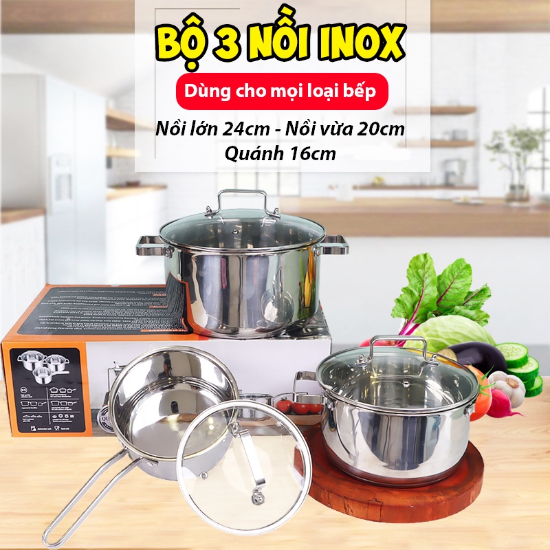 Bộ Nồi 3 Món Inox 304 Sáng Bóng, Bền Bỉ, Dày Dặn, An Toàn Cho Sức Khỏe, Hầm Cả Con Gà 4Kg