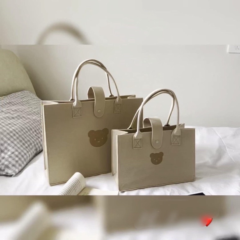 Túi xách nữ, túi vuông cầm tay hoạ tiết hình gấu màu trà sữa chất nỉ siêu cute phong cách hàn quốc