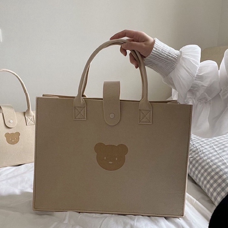 Túi xách nữ, túi vuông cầm tay hoạ tiết hình gấu màu trà sữa chất nỉ siêu cute phong cách hàn quốc