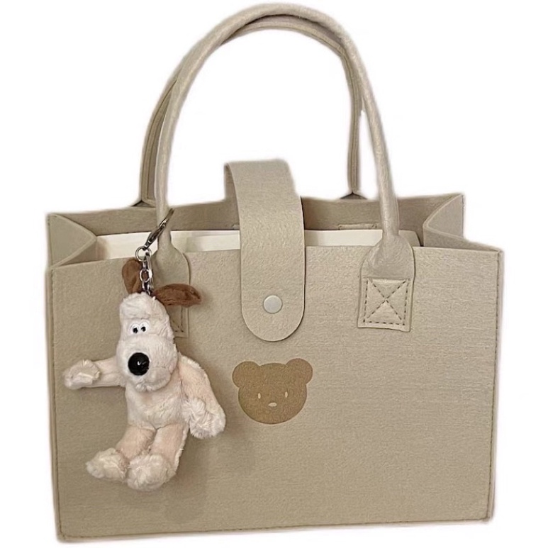 Túi xách nữ, túi vuông cầm tay hoạ tiết hình gấu màu trà sữa chất nỉ siêu cute phong cách hàn quốc