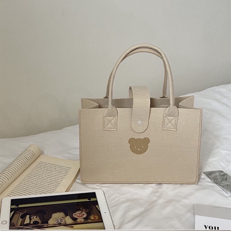 Túi xách nữ, túi vuông cầm tay hoạ tiết hình gấu màu trà sữa chất nỉ siêu cute phong cách hàn quốc