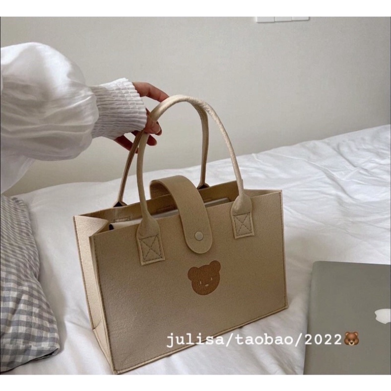 Túi xách nữ, túi vuông cầm tay hoạ tiết hình gấu màu trà sữa chất nỉ siêu cute phong cách hàn quốc