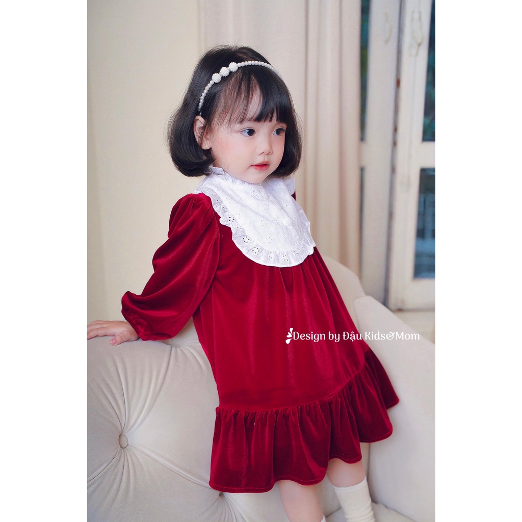 Váy nhung phối cổ ren tiểu thư tay bồng tiểu thư cho bé gái 1-6t - Đậu Kids&Mom