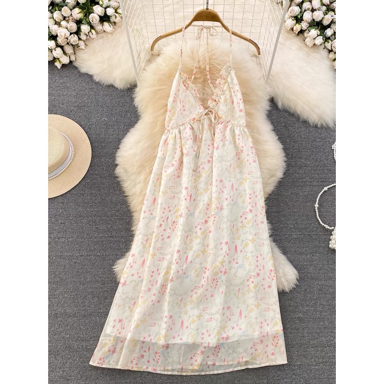 Váy đi biển hoa nhí LUHAZO maxi babydoll dáng dài dự tiệc body cổ yếm sexy hở lưng tôn dáng hoa vintage Hàn Quốc V-19