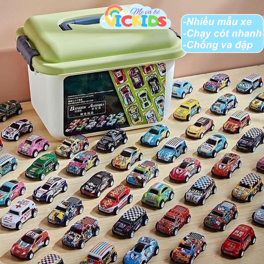 Hộp 30 Xe Ô Tô Đua Chạy Đà Cho Bé, Xe Thể Thao Mini Chạy Cót Chống Va Đập Kèm Hộp Đựng Bé Chơi Ngăn Nắp Hơn