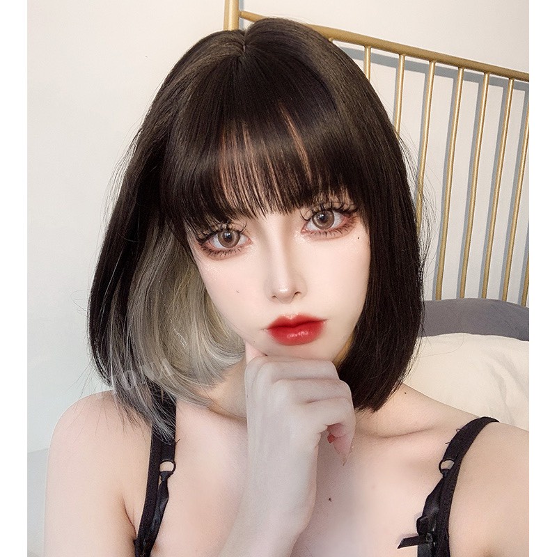 Tóc giả nữ cả đầu 😋FREESHIP😋 Tóc giả nguyên đầu cúp ngắn ngang vài xanh khói, D3030