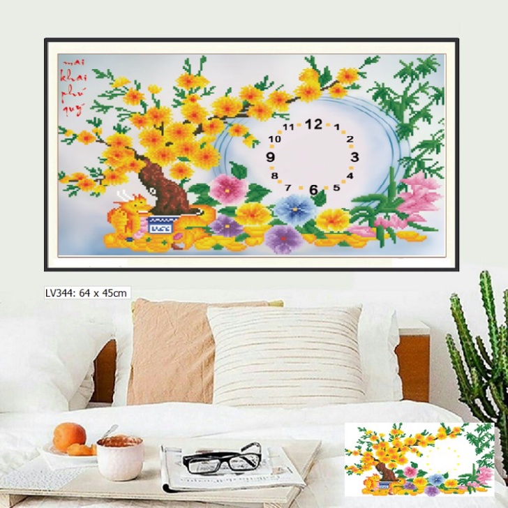 Tranh đính đá đồng hồ hoa mai phú quý,tranh thêu đồng hồ hoa mai phú quý. tranh chưa làm và chưa khung