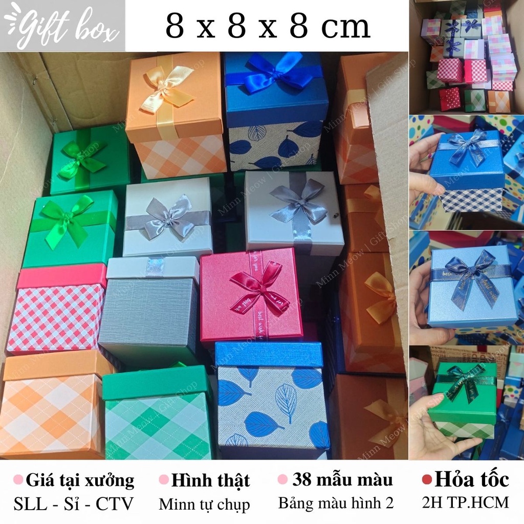 HỘP QUÀ 8 x 8 x 8 cm | V015 - Minn Meow | hộp vuông cao cấp sang trọng đựng quà tặng có hạt xốp, giấy rơm